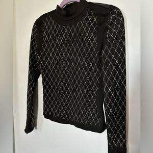 New Privé Women's Rhinestone Embellished Grid Pattern Stand Collar T-shirt